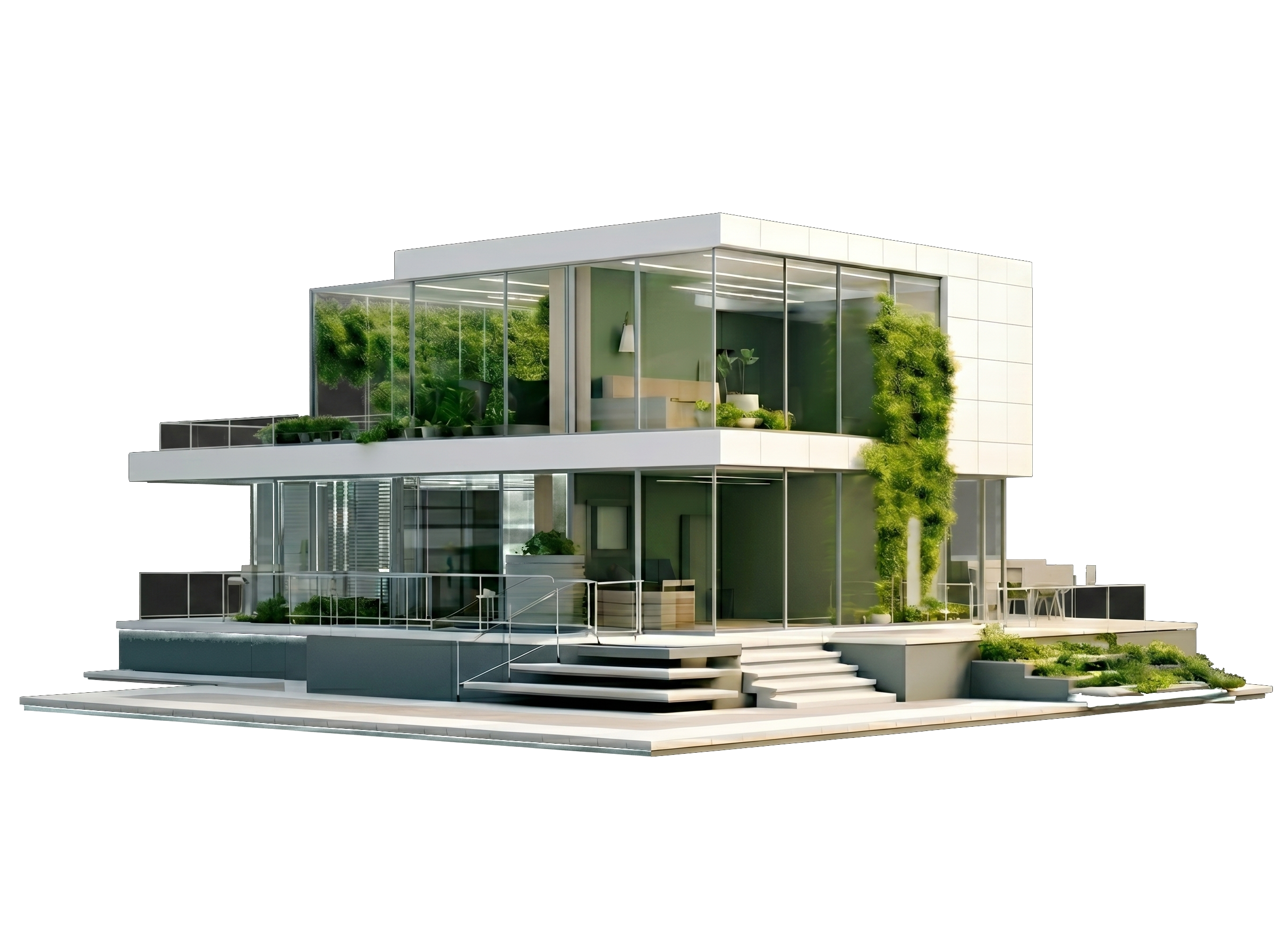 Modern luxury villa with glass facades, cantilevered terraces, and vertical greenery